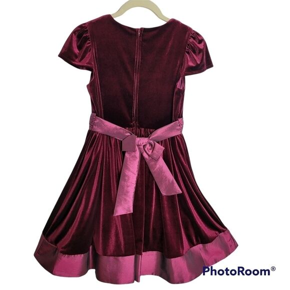 RARE EDITIONS Burgundy Velvet Taffeta Bow Jeweled Holiday‎ Dress Size 14 - Picture 2 of 15